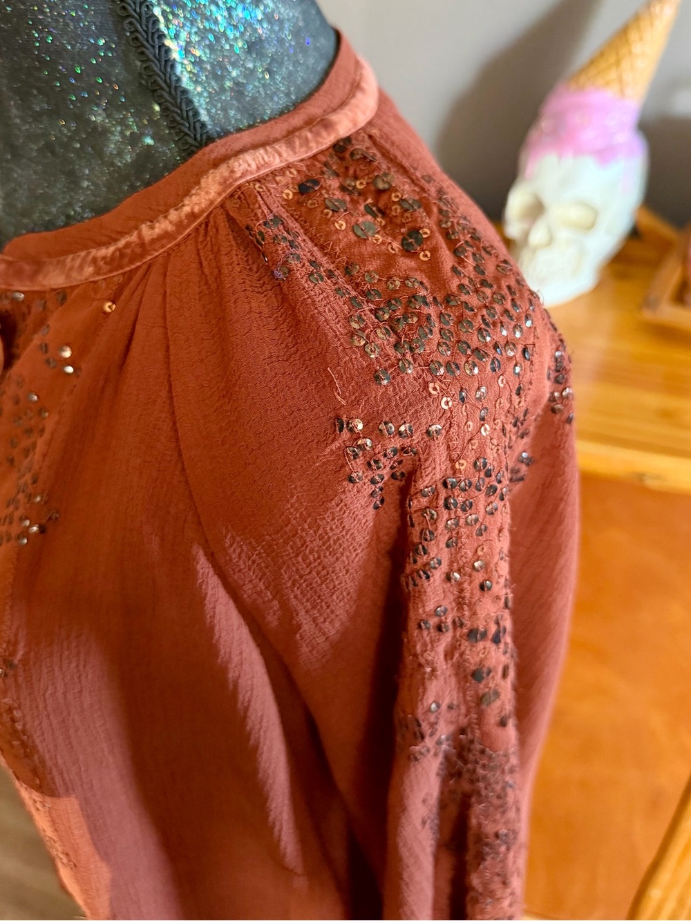 Chico's Crinkled Texture Sequins Blouse in Rust - Picture 12 of 13